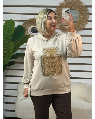 İtalyan Tasarım Aztek Desen Pul Payet Bluz Krem