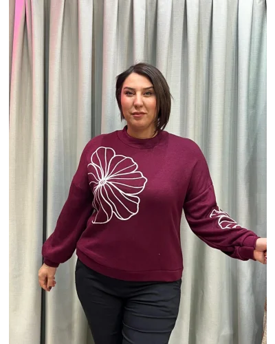 İtalyan Tasarım Çiçek İşlemeli Yumuşak Triko Bluz Bordo