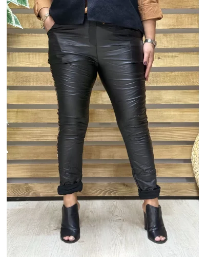 İtalyan Tasarım Deri Leopar Detaylı Likralı Pantolon Siyah