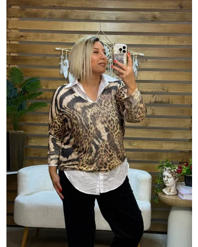 İtalyan Tasarım Dijital Baskı Merserize Bluz Kahve