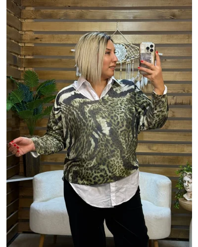 İtalyan Tasarım Dijital Baskı Merserize Bluz Yeşil