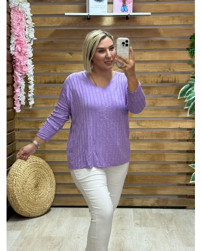 İtalyan Tasarım Fitilli V Yaka Bluz Lila