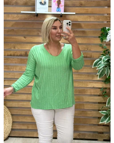 İtalyan Tasarım Fitilli V Yaka Bluz Neon Yeşil