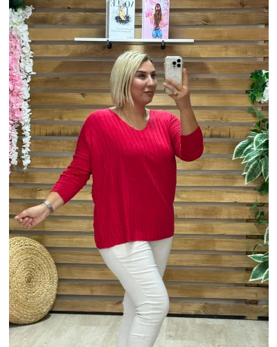 İtalyan Tasarım Fitilli V Yaka Bluz Kırmızı