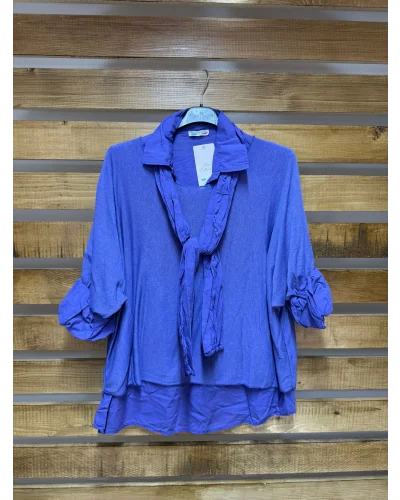 İtalyan Tasarım Gömlek Fular Bluz Takım Mavi