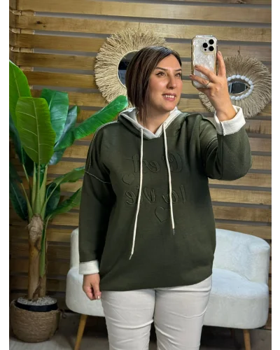İtalyan Tasarım Kapşonlu Yazı Kabartma Örme Sweatshirt Haki