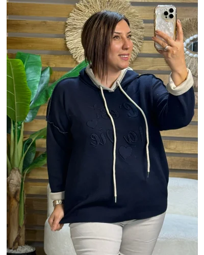 İtalyan Tasarım Kapşonlu Yazı Kabartma Örme Sweatshirt Lacivert