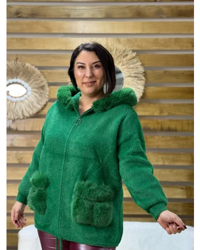 İtalyan Tasarım Kapüşonlu Angora Kaban Yeşil
