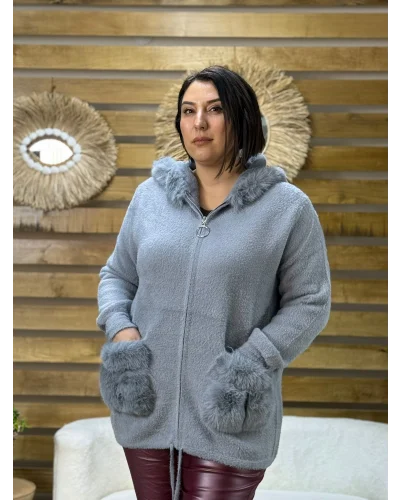 İtalyan Tasarım Kapüşonlu Angora Kaban Gri