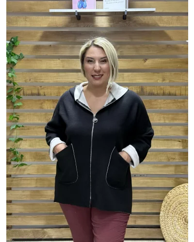 İtalyan Tasarım Kapüşonlu Düz Desen Kap Siyah