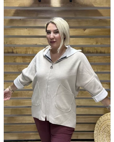 İtalyan Tasarım Kapüşonlu Düz Desen Kap Krem