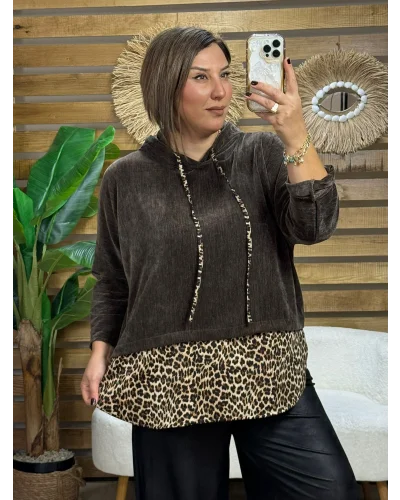 İtalyan Tasarım Leopar Desenli Kapüşonlu Sweatshirt Kahve