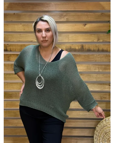 İtalyan Tasarım Merserize V Yaka Bluz Haki