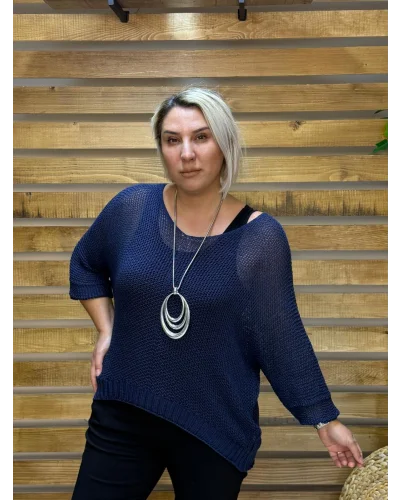 İtalyan Tasarım Merserize V Yaka Bluz Lacivert