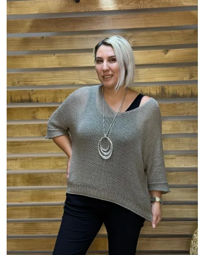 İtalyan Tasarım Merserize V Yaka Bluz Vizon