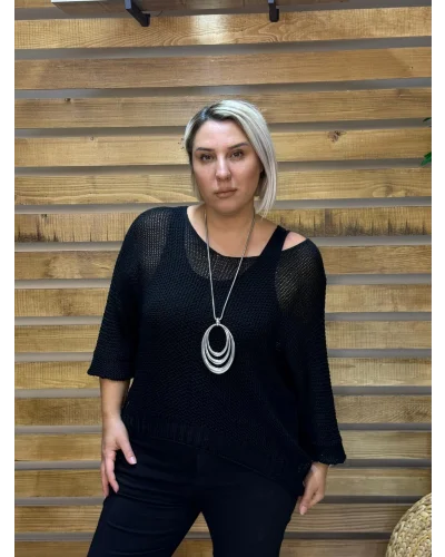 İtalyan Tasarım Merserize V Yaka Bluz Siyah