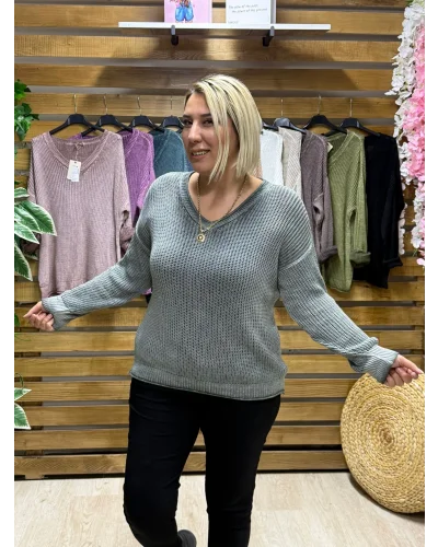 İtalyan Tasarım Merserize V Yaka Bluz Haki