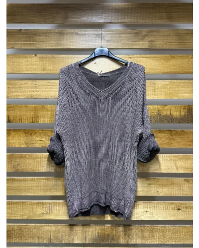 İtalyan Tasarım Merserize V Yaka Bluz Kahve