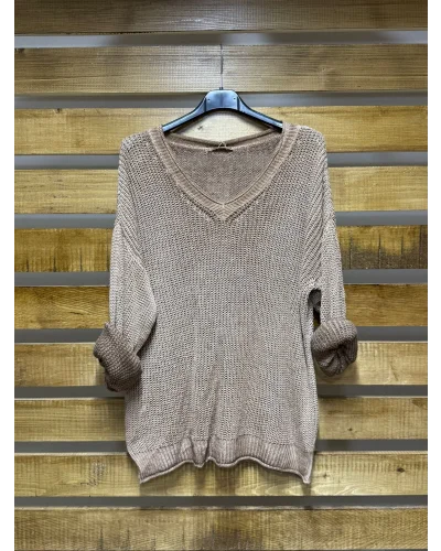 İtalyan Tasarım Merserize V Yaka Bluz Camel