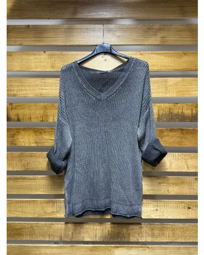 İtalyan Tasarım Merserize V Yaka Bluz Antrasit