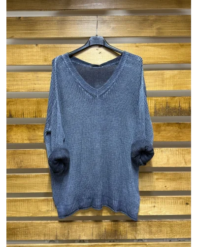 İtalyan Tasarım Merserize V Yaka Bluz Lacivert