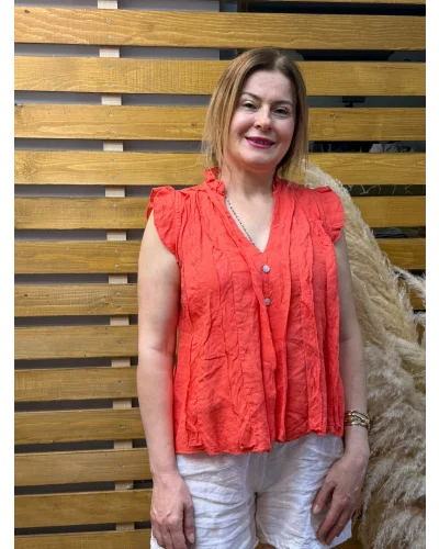 İtalyan Tasarım Önü Detaylı Sıfır Kol Keten Gömlek Nar Çiçeği