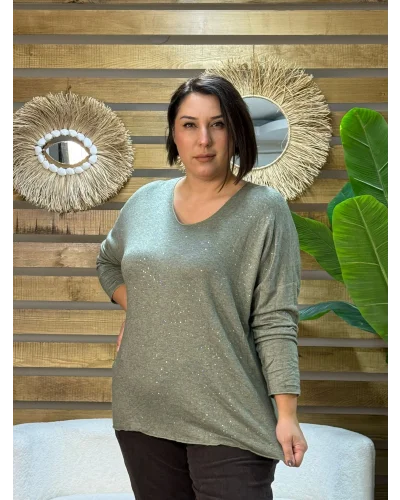 İtalyan Tasarım Sim İşlemeli V Yaka Triko Bluz Haki