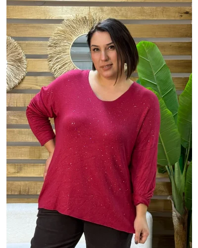 İtalyan Tasarım Sim İşlemeli V Yaka Triko Bluz Kırmızı