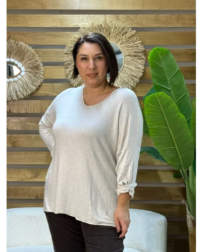 İtalyan Tasarım Sim İşlemeli V Yaka Triko Bluz Krem