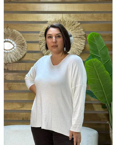 İtalyan Tasarım Sim İşlemeli V Yaka Triko Bluz Beyaz