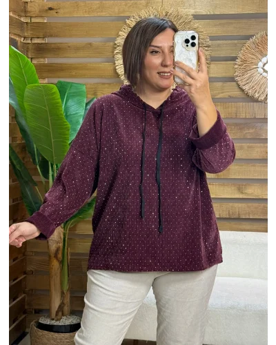 İtalyan Tasarım Taş İşlemeli Kapüşonlu Sweatshirt Bordo