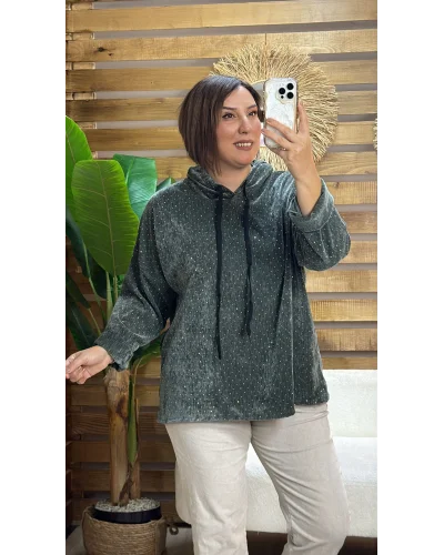 İtalyan Tasarım Taş İşlemeli Kapüşonlu Sweatshirt Haki