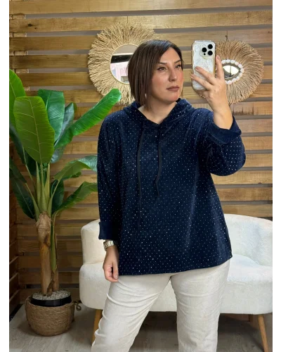 İtalyan Tasarım Taş İşlemeli Kapüşonlu Sweatshirt Lacivert