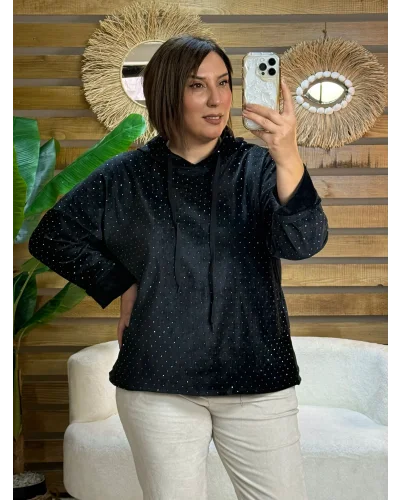 İtalyan Tasarım Taş İşlemeli Kapüşonlu Sweatshirt Siyah