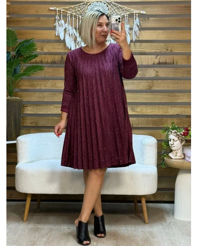 İtalyan Tasarım Taş İşlemeli Pliseli Elbise Bordo