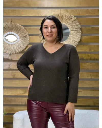 İtalyan Tasarım Taş İşlemeli V Yaka Bluz Kahve