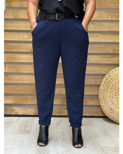 İtalyan Tasarım Taş İşlemeli Işıltı Pantolon Lacivert