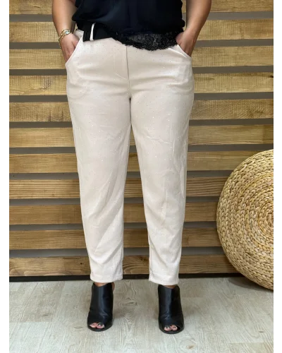 İtalyan Tasarım Taş İşleme Işıltı Pantolon Bej