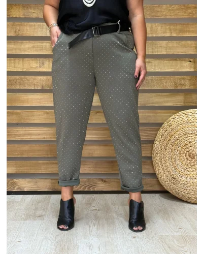 İtalyan Tasarım Taş İşleme Işıltı Pantolon Haki