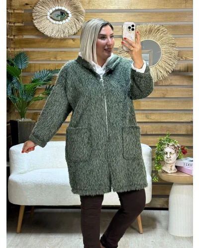 İtalyan Tasarım Uzun Fermuarlı Keçe Ceket Haki