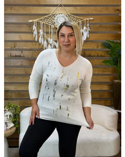 İtalyan Tasarım V Yaka Gümüş Baskılı Bluz Beyaz