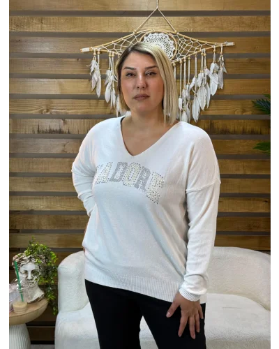 İtalyan Tasarım V Yaka Jadore Angora Bluz Beyaz