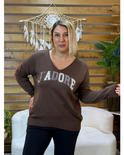 İtalyan Tasarım V Yaka Jadore Angora Bluz Kahverengi