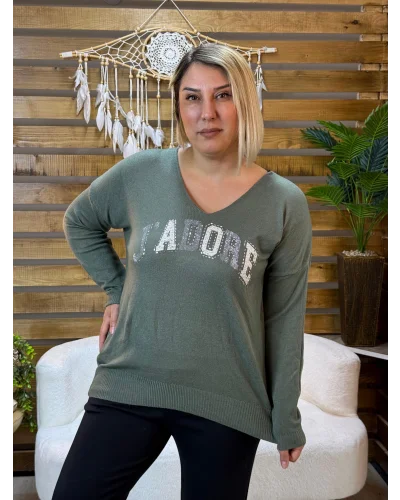 İtalyan Tasarım V Yaka Jadore Angora Bluz Haki