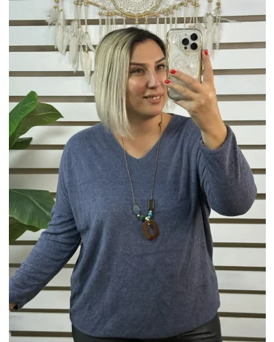 İtalyan Tasarım V Yaka Kolyeli Dokulu Bluz İndigo