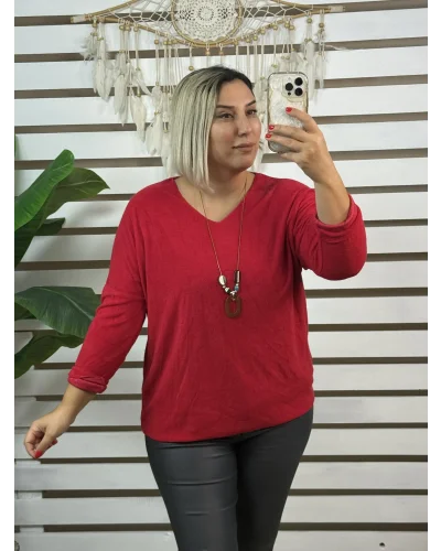 İtalyan Tasarım V Yaka Kolyeli Dokulu Bluz Kırmızı