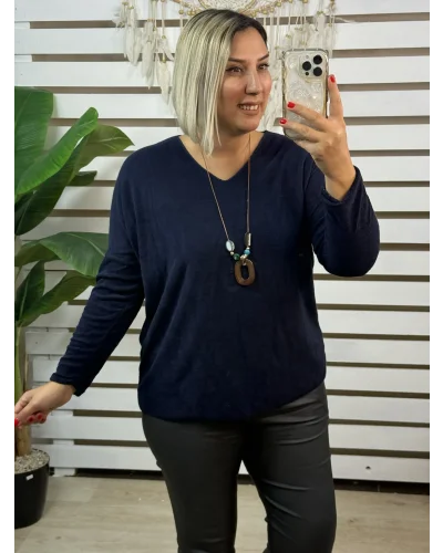 İtalyan Tasarım V Yaka Kolyeli Dokulu Bluz Lacivert