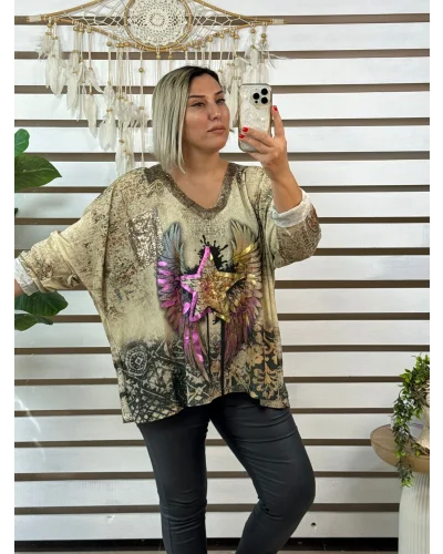 İtalyan Tasarım V Yaka Ön Detaylı Bluz Yıldız