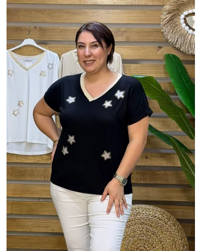 İtalyan Tasarım Yıldız İşlemeli Ve Yaka Bluz Siyah