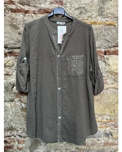 İtalyan Tek Cebi Pullu Tasarım Keten Gömlek Koyu Vizon